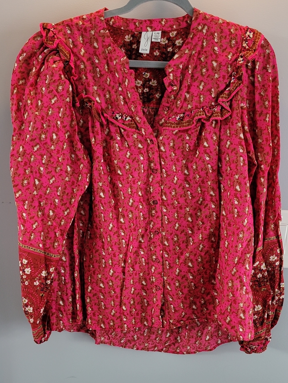 Joie Fuchsia Floral Ruffle Button-Front Blouse